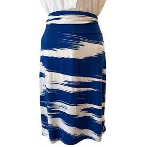 ❤️HP NWT Athleta Blue White Ikat Midi Pull On Skirt Fold Over Waist Casual S EUC